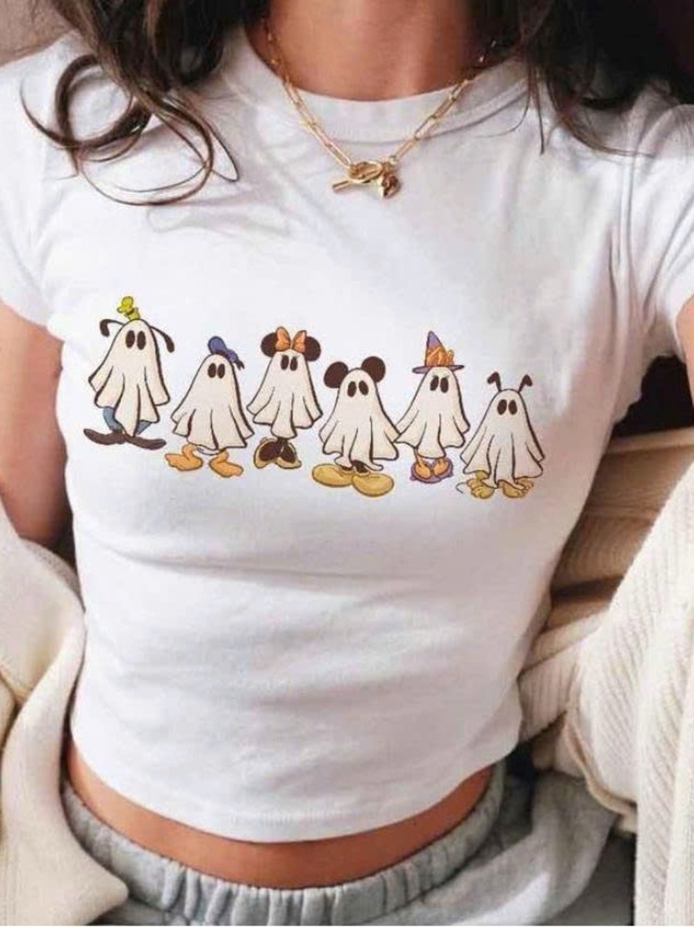 White Cropped Tee with Ghosted Cartoon Characters